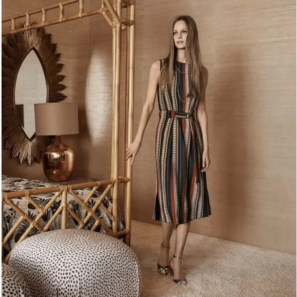 Tory Burch Julia Dress 8 Green Oceano Eden Striped Silk Sheath EUC *Missing Belt